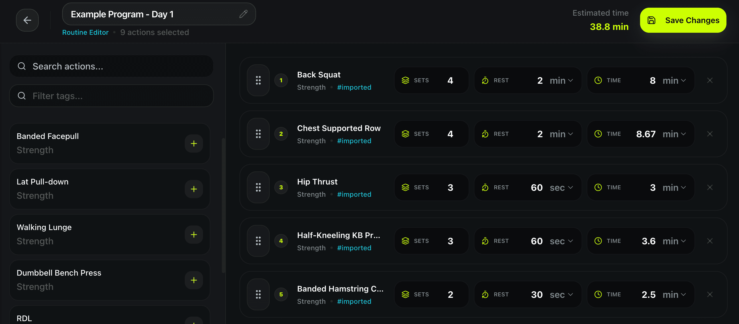 TrainFlow routine editor showing selected training actions, sets, rest time, estimated duration, and save controls