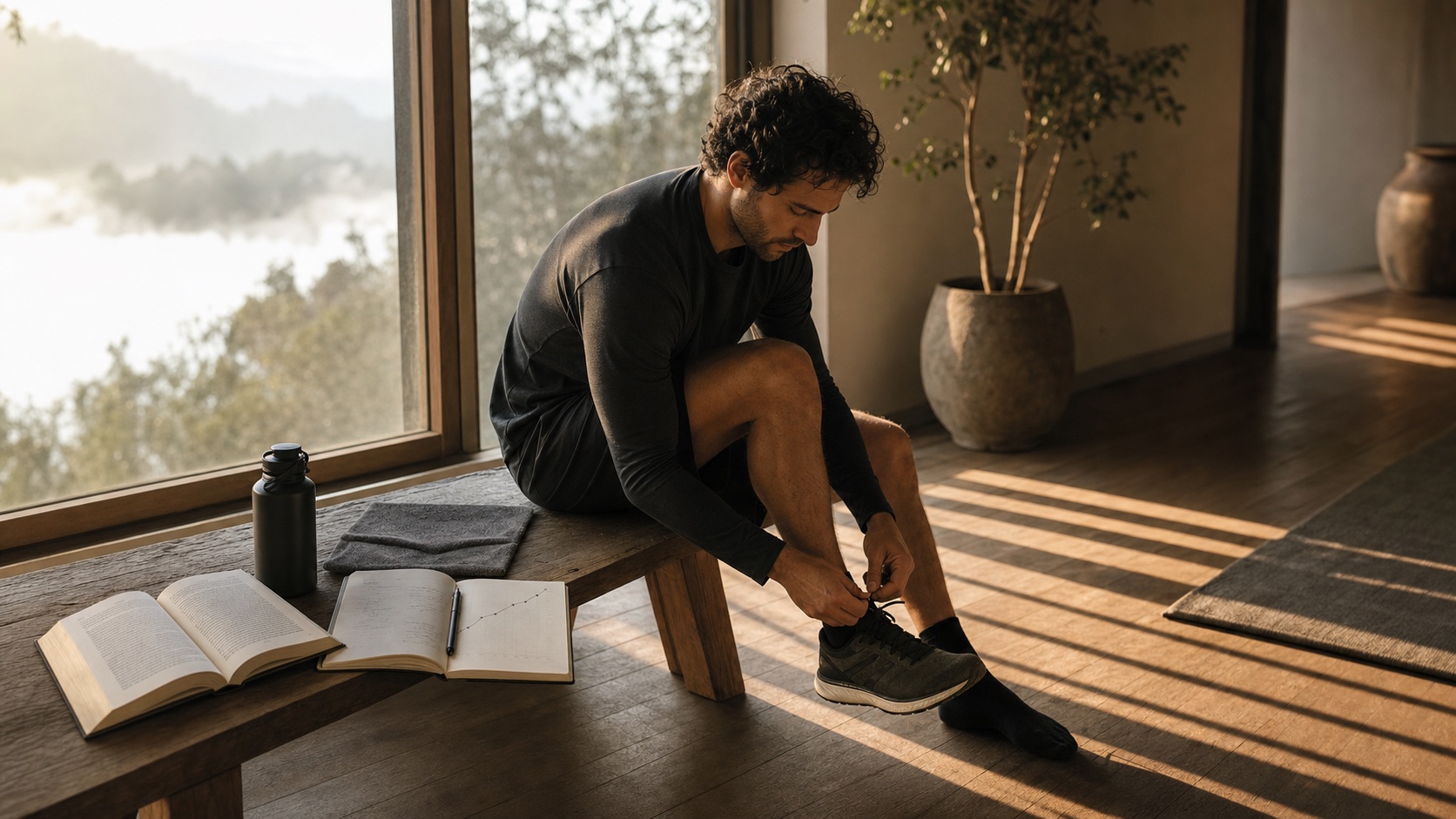 An athlete tying a running shoe beside an open book and a training journal