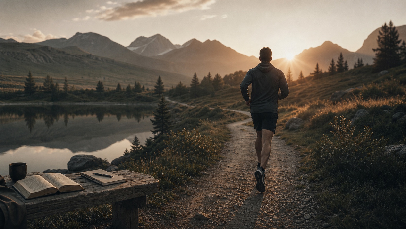 A runner following a mountain trail at sunrise beside an open book and training journal