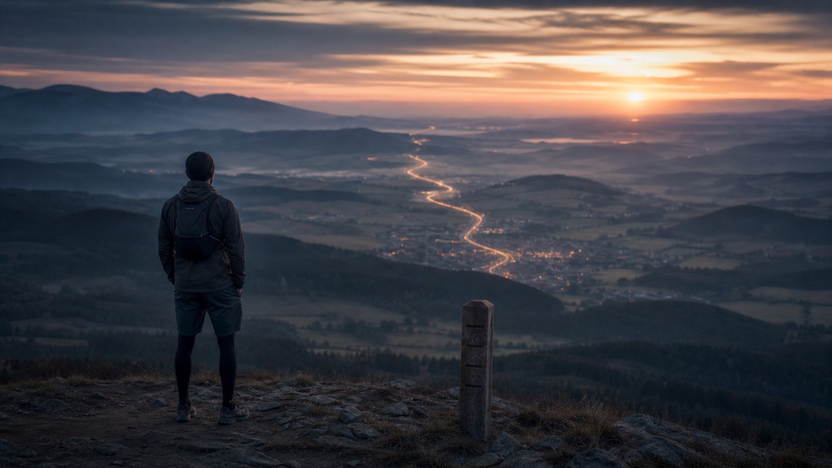 A traveler looking across a long winding route toward the sunrise