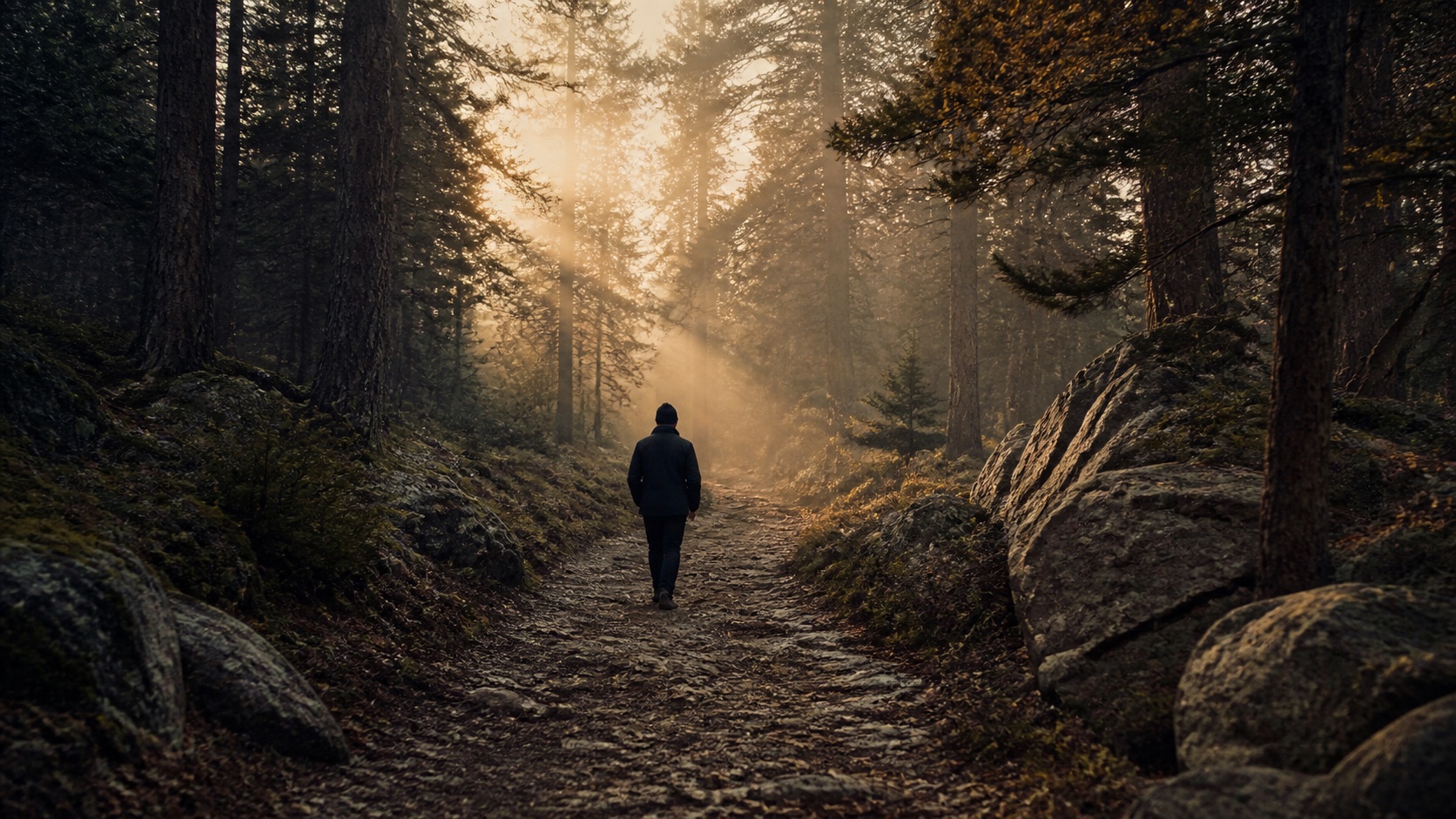 A solitary person walking a rough forest path toward warm morning light