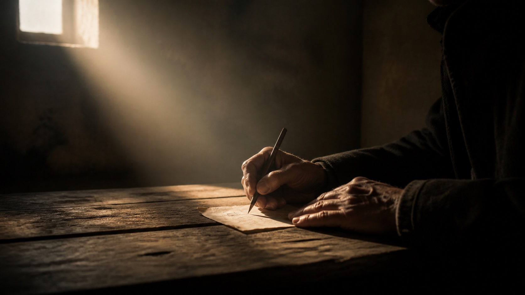 Hands writing on a worn sheet of paper in a sparse room lit by a narrow beam of light