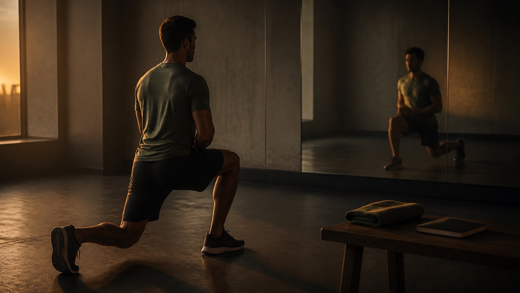 A solitary athlete performing a controlled lunge in a quiet studio before sunrise