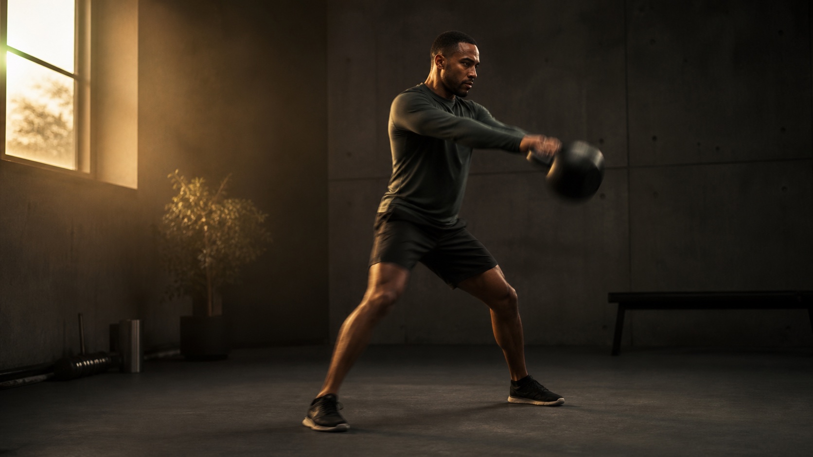 A solitary athlete fully absorbed in a kettlebell swing during an early morning workout