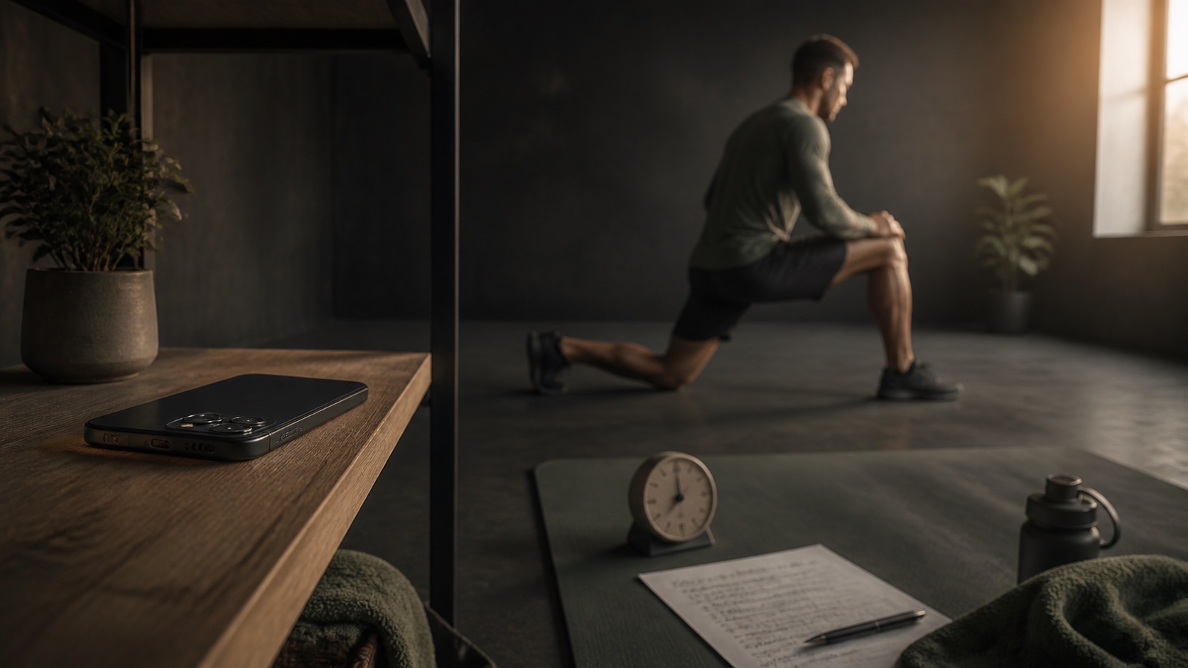 A phone placed face-down away from a workout mat, timer, and prepared training plan