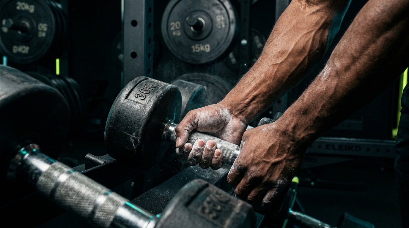 Chalked hands gripping a heavy knurled dumbbell on a gym rack for progressive overload