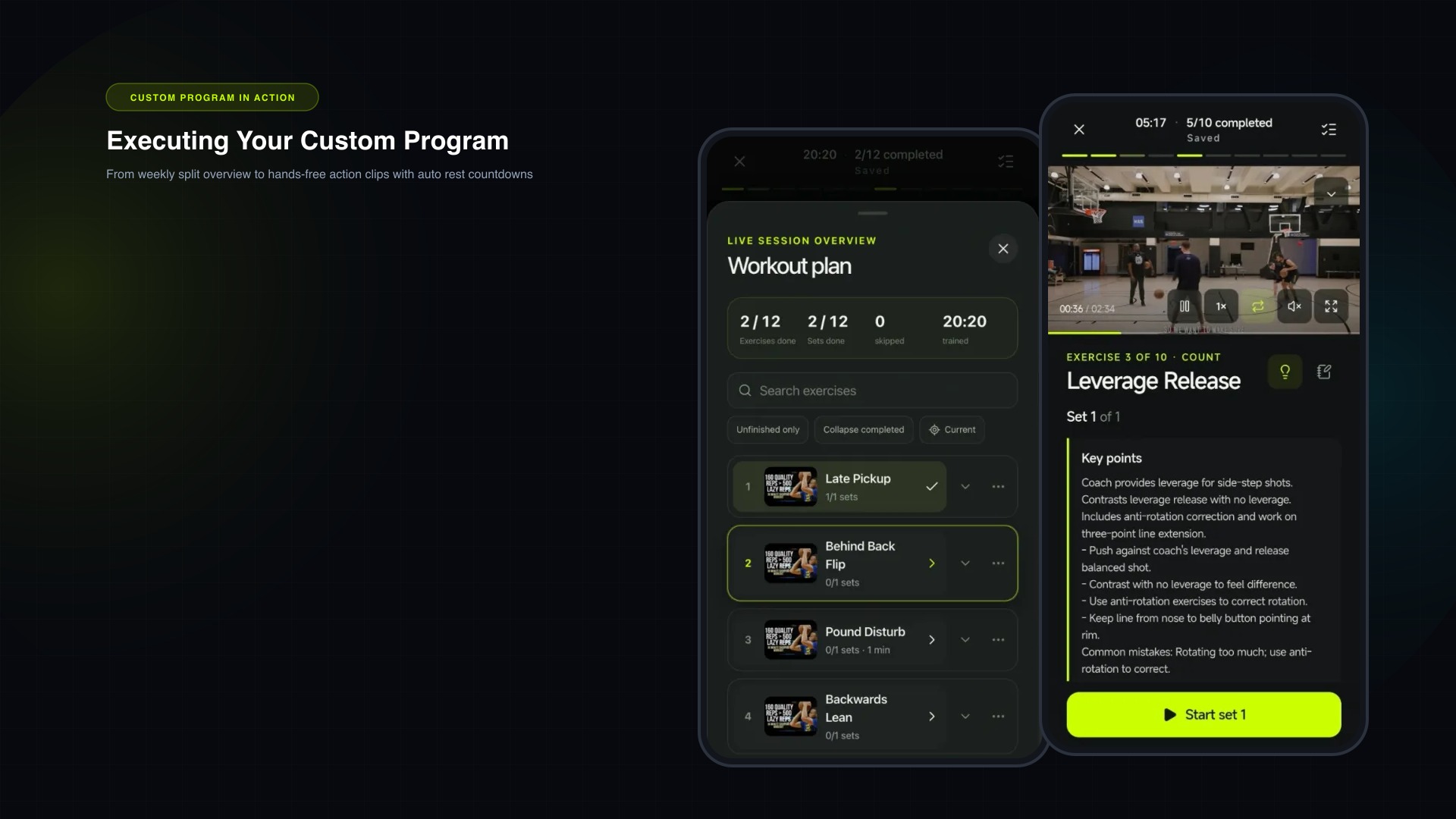 TrainFlow mobile PWA executing a custom workout program with live session overview and action clips