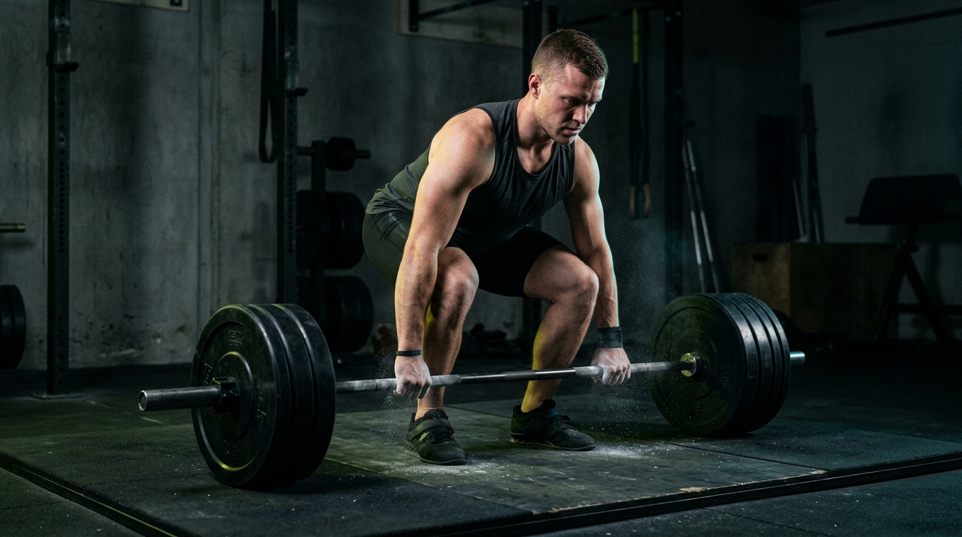 Athlete focusing on a heavy barbell deadlift compound movement prescribed in a custom workout schedule split
