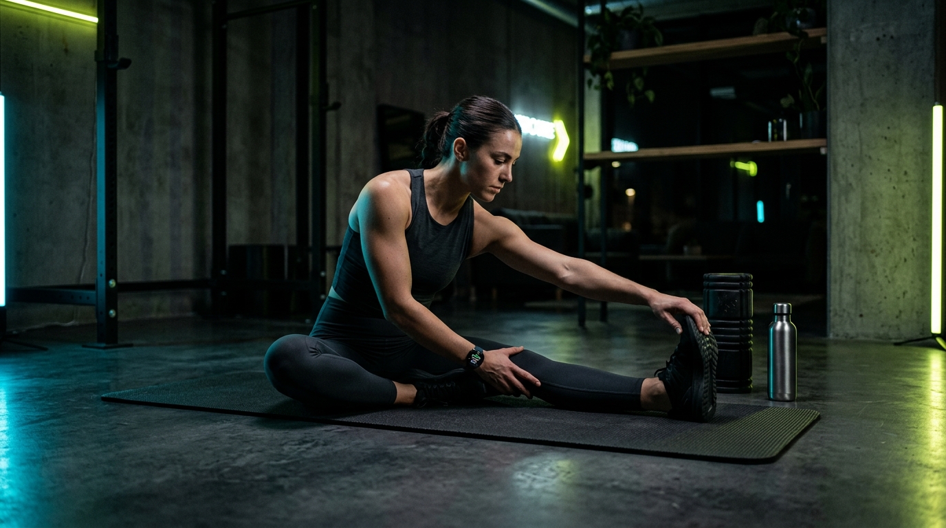 Athlete performing active mobility stretching on a workout mat during a planned recovery day in a custom workout schedule