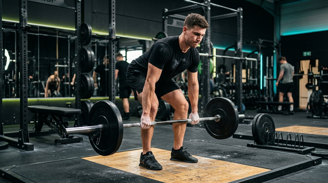 Athlete with chalked hands performing a strict barbell Romanian deadlift on a lifting platform in a modern gym