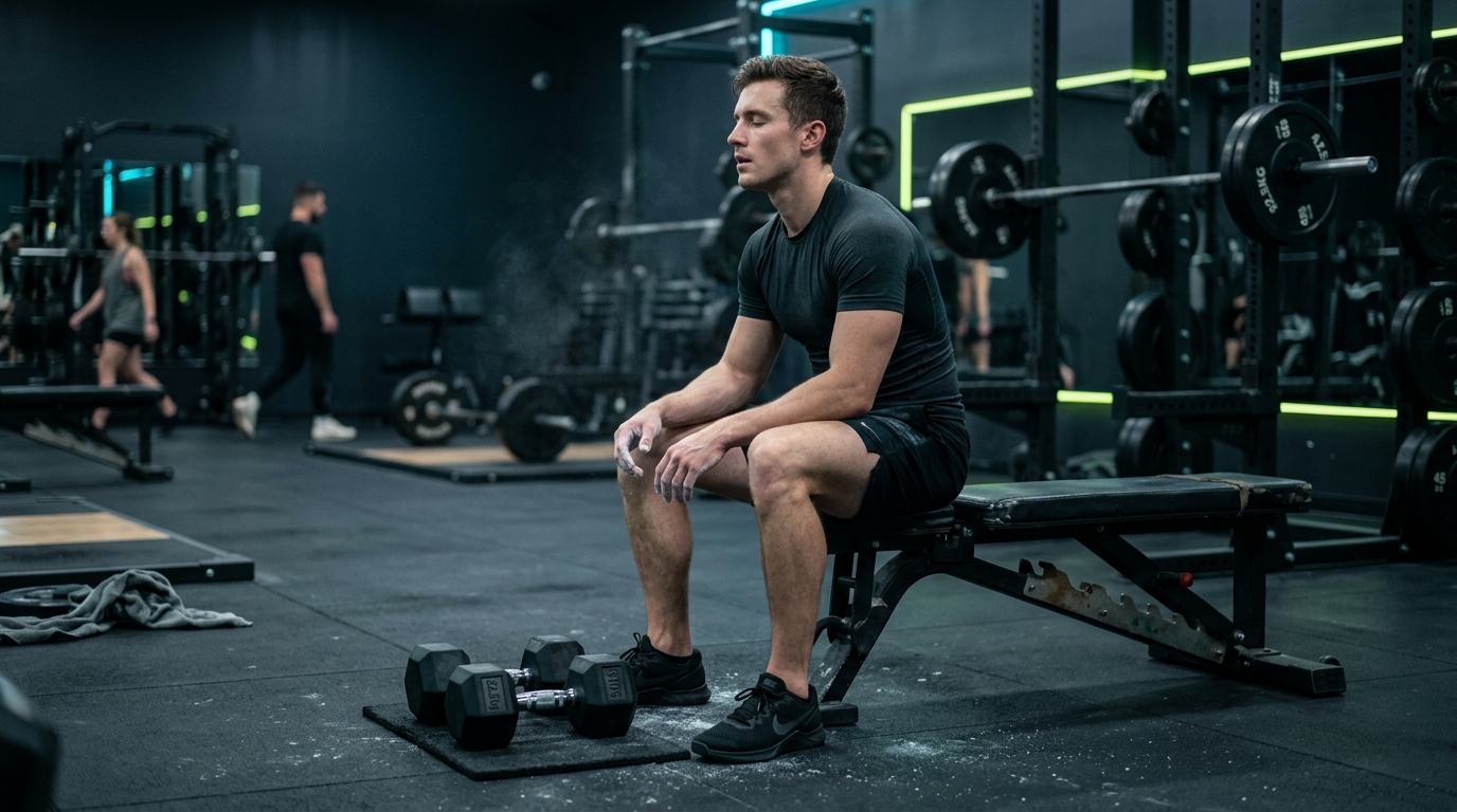 Athlete resting on a gym bench catching breath during a structured rest interval beside dumbbells in a gym