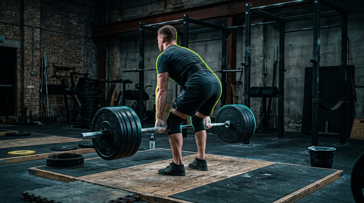 Athlete performing a heavy barbell Romanian deadlift with strict form and hip hinge on a wooden lifting platform
