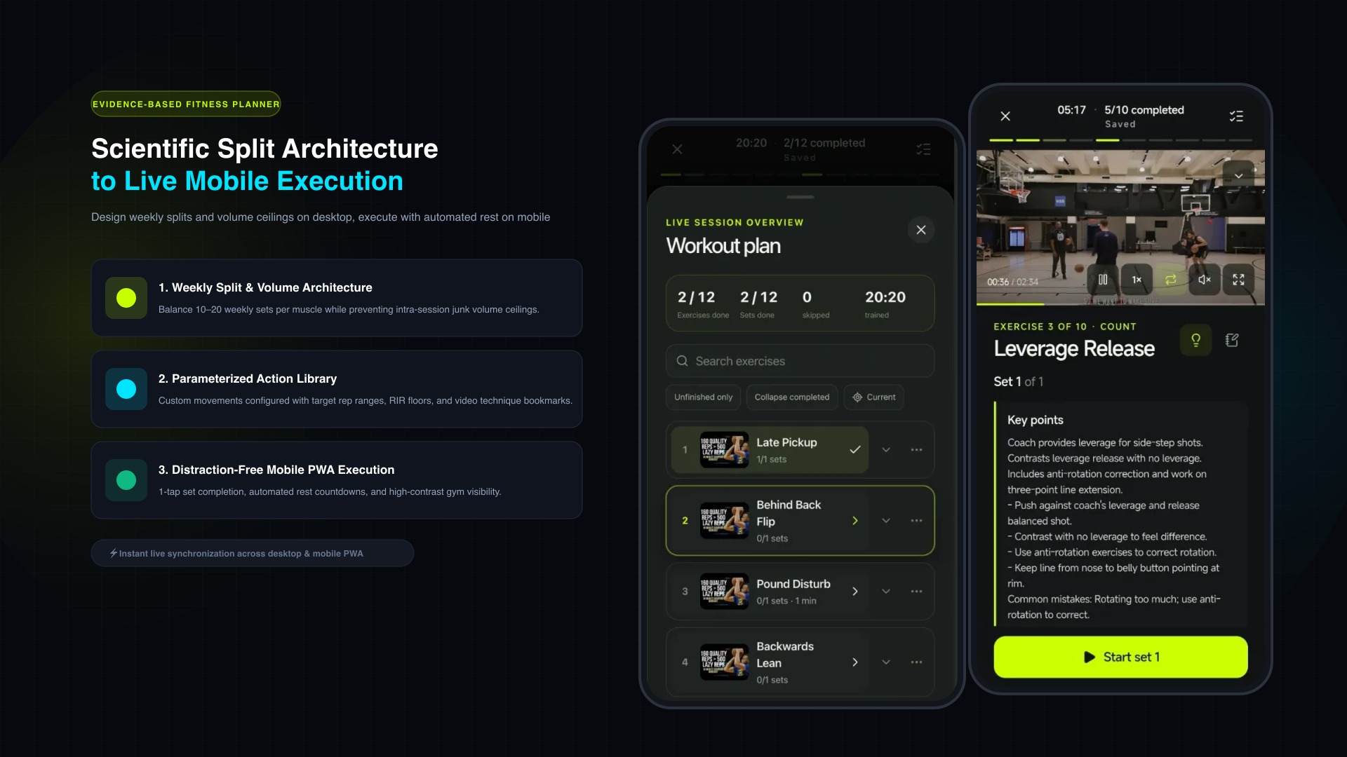 TrainFlow online fitness planner desktop split architecture synchronizing to mobile PWA workout tracker