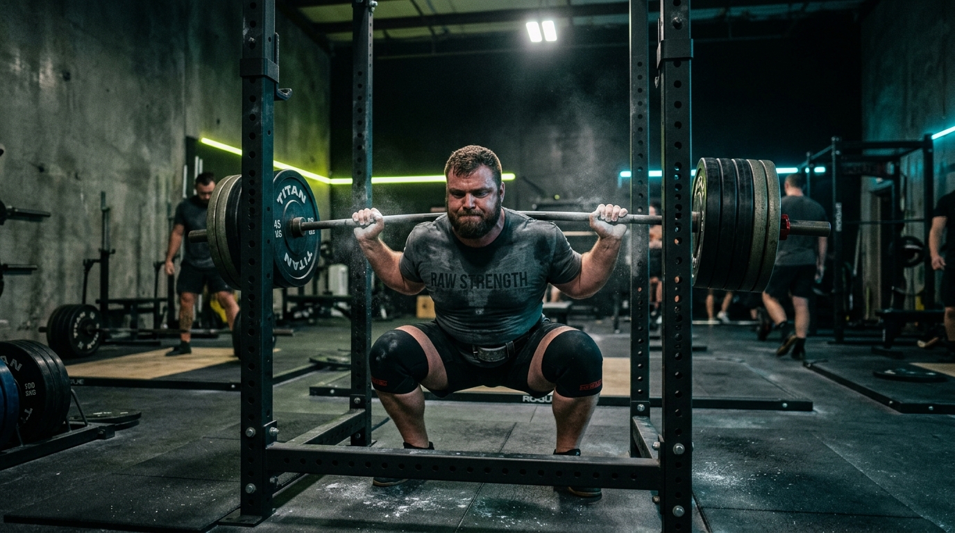 Athlete in deep barbell back squat inside a power rack in a dark gym