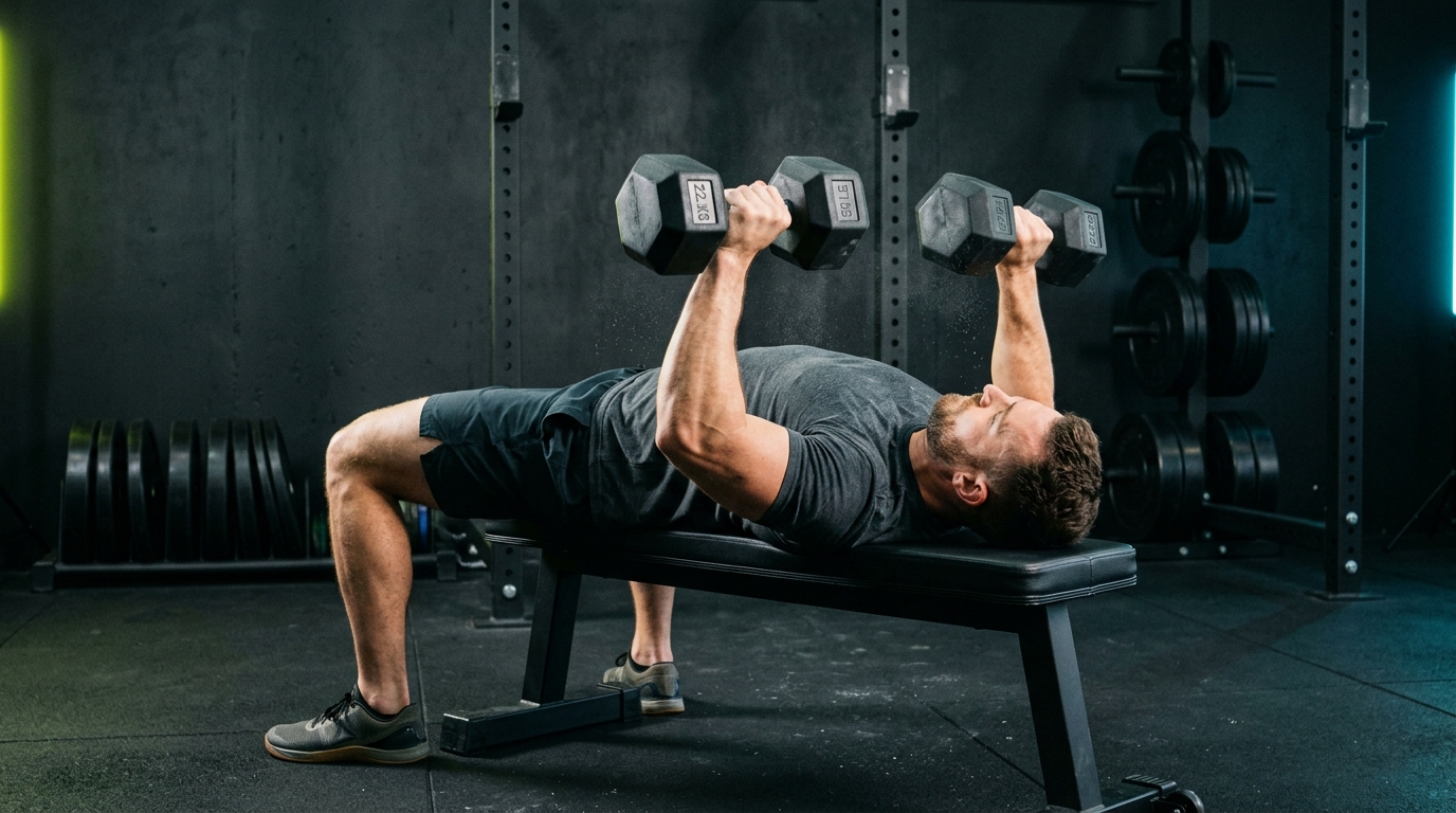 Athlete executing a neutral-grip dumbbell press with 22.5kg dumbbells on a flat gym bench in a free personalized workout plan