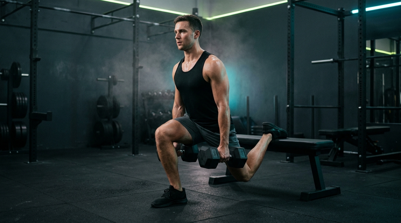 Athlete performing a dumbbell Bulgarian split squat with strict posture to protect lower back in a free personalized workout plan