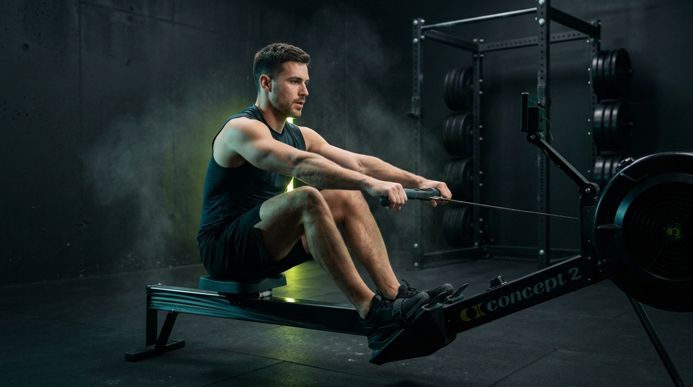 Athlete performing steady-state cardiovascular conditioning on an indoor rowing machine in a personalised exercise plan