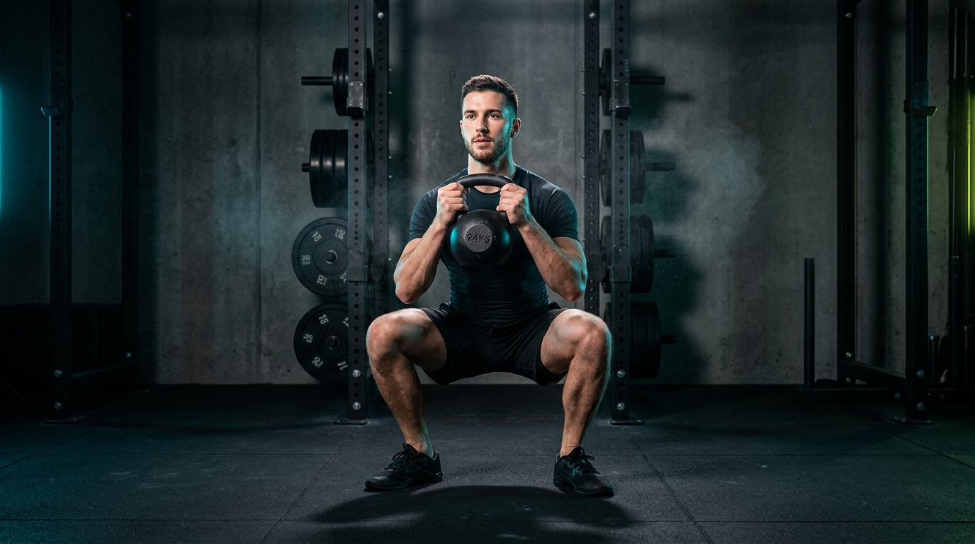 Athlete performing a textbook kettlebell goblet squat with upright spine in a personalised exercise plan