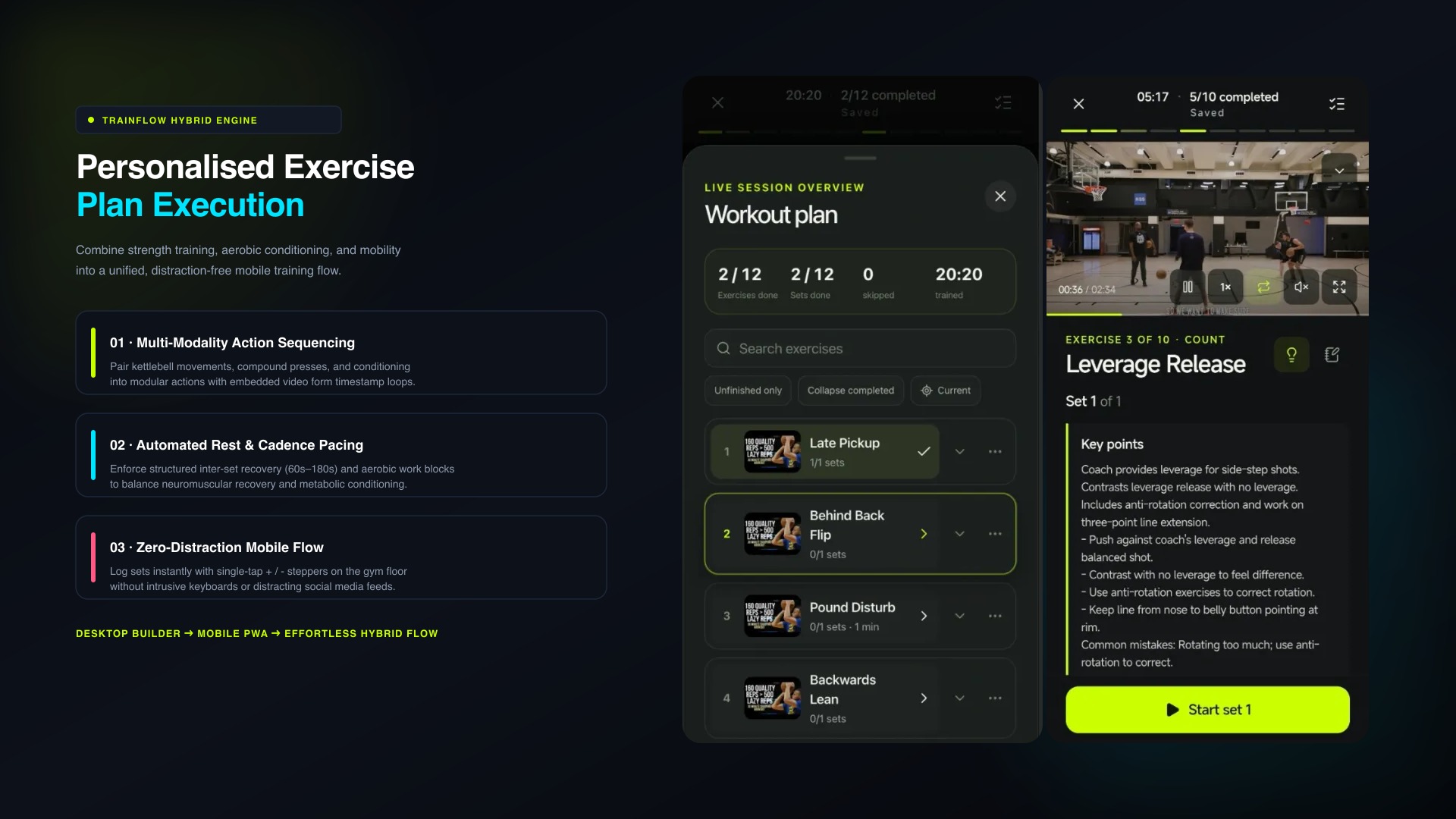 TrainFlow personalised exercise plan desktop builder synchronizing with mobile PWA focus tracker