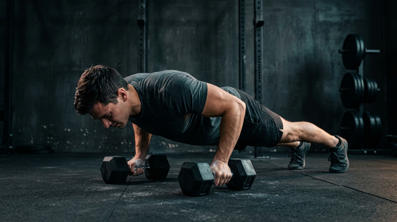 Athlete performing a textbook deficit push-up with dumbbells in a personalized exercise plan free