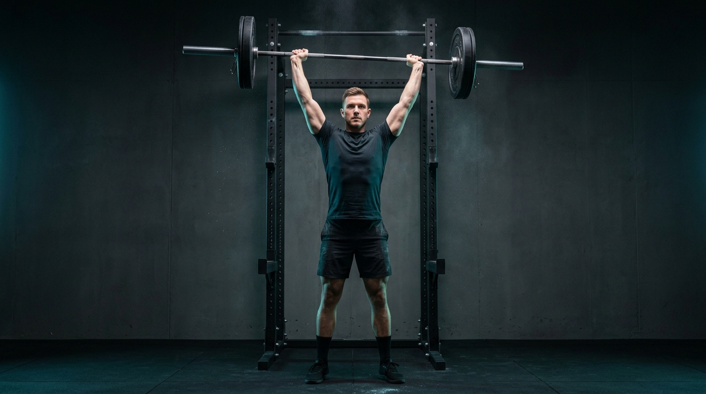 Athlete executing a textbook standing barbell overhead press in workout builder personal training software