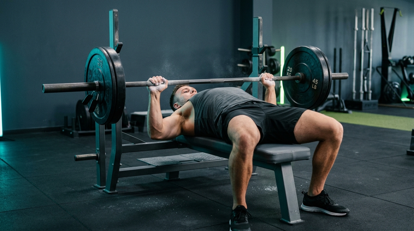 Athlete performing a pristine flat barbell bench press with standard bumper plates in workout builder personal training software