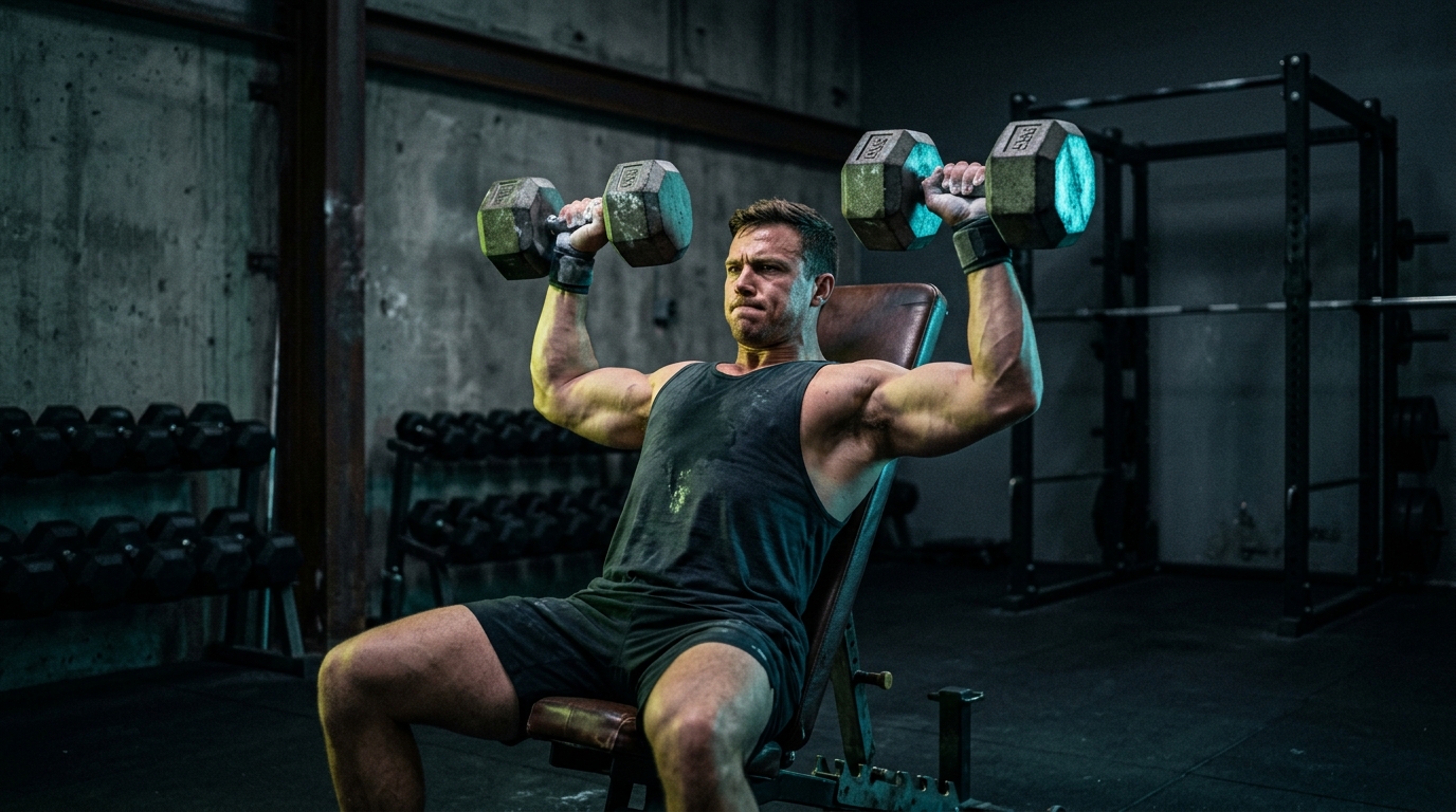 Dedicated lifter executing an incline dumbbell press with controlled form and shoulder stability in a dark gym