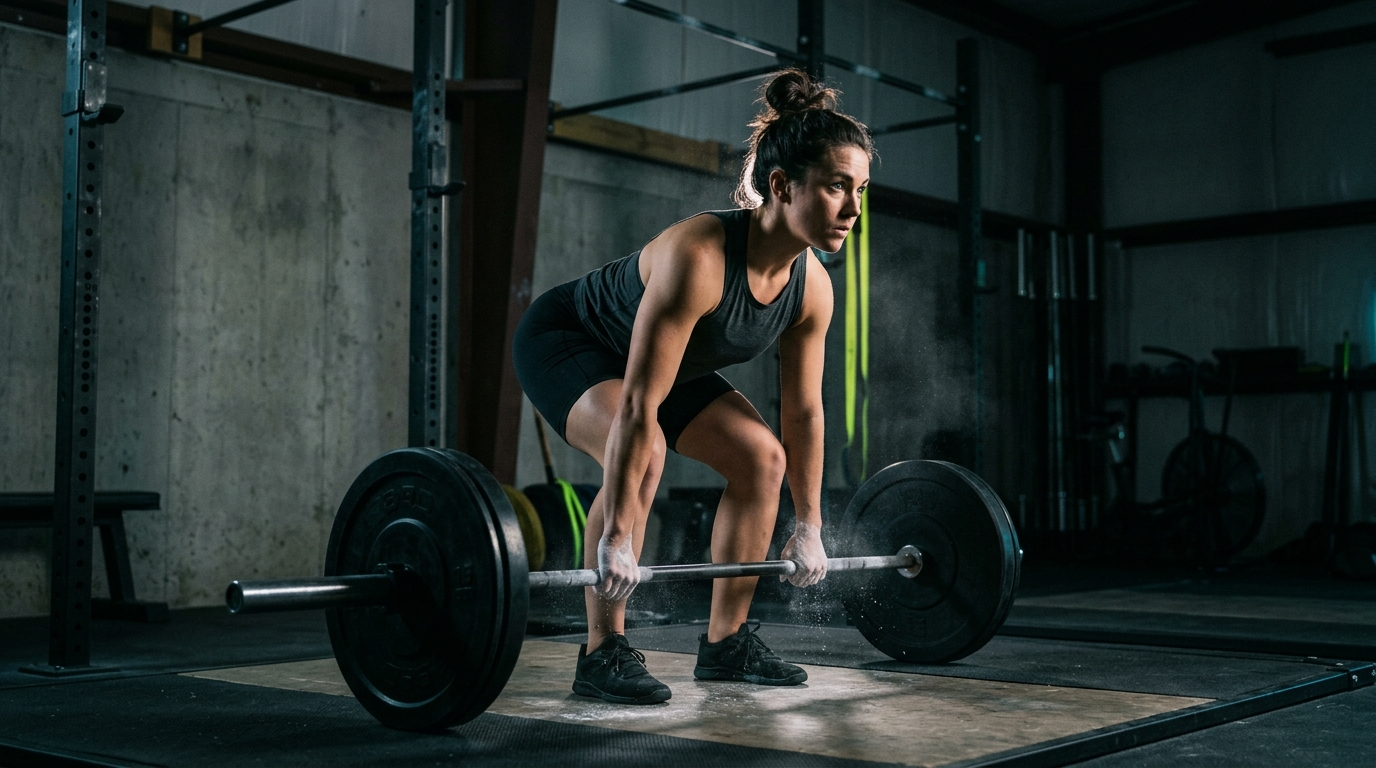 Athlete with chalked hands setting up for a heavy barbell lift in a dark strength training studio