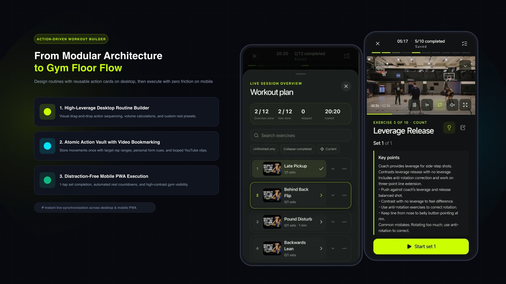 TrainFlow workout builder desktop architecture synchronizing to mobile PWA with real-time session tracking
