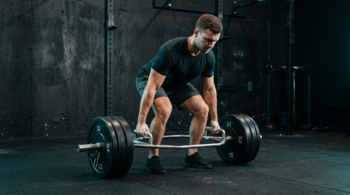 Athlete performing a textbook trap bar deadlift with neutral spine in a workout plan personalized