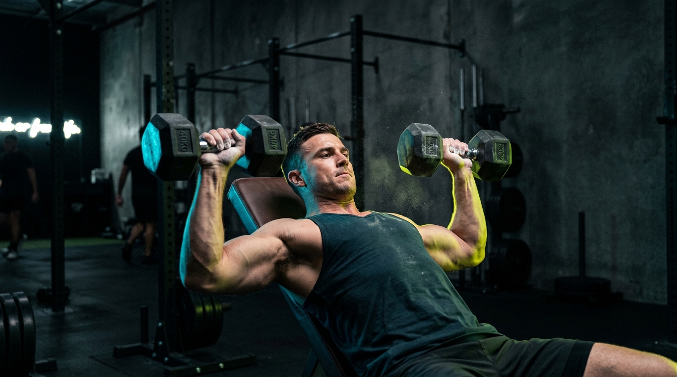 Athlete performing heavy incline dumbbell bench press as prescribed in slot 1 of a structured workout plan template