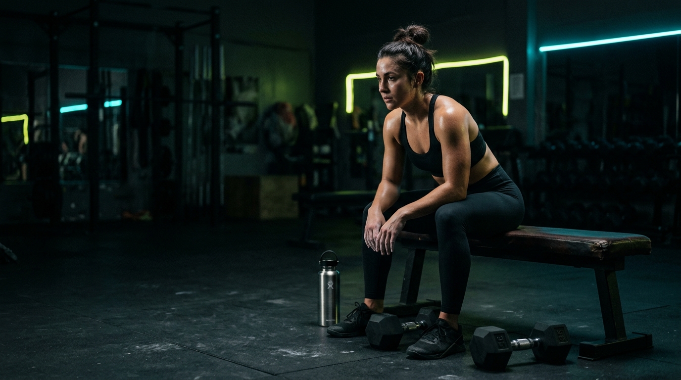 Athlete reflecting on set benchmark data and progressive overload targets on a gym bench