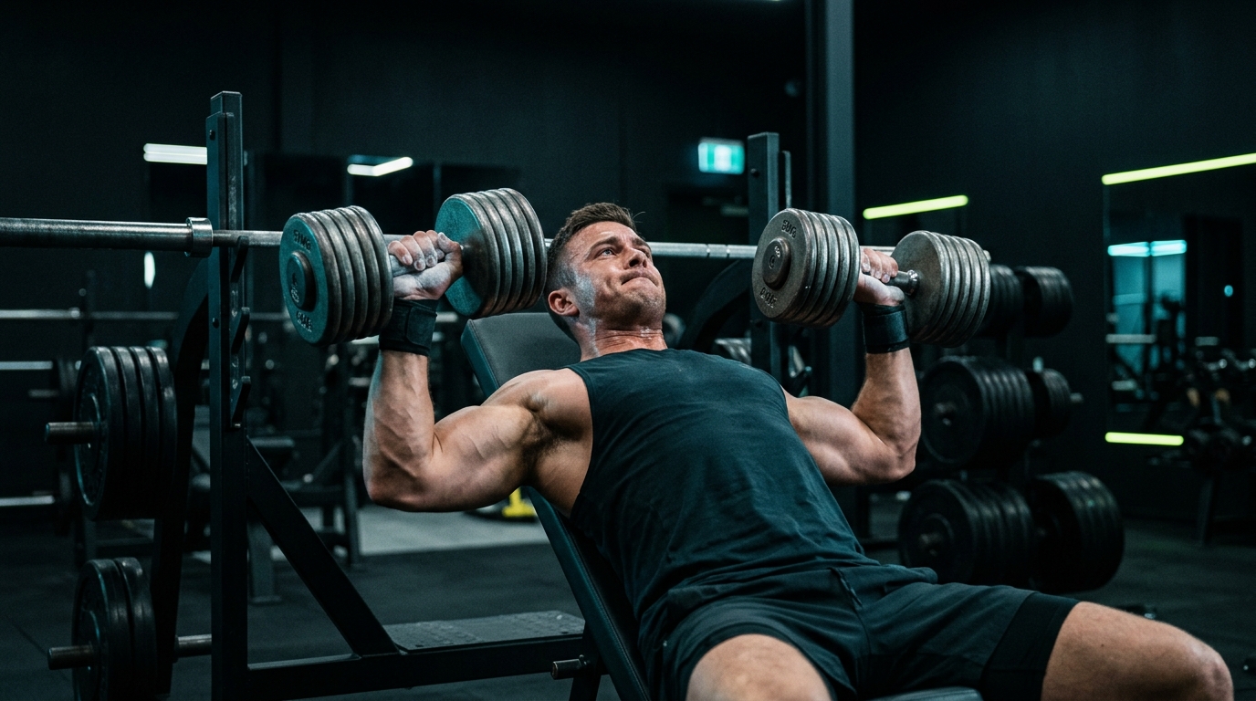 Athlete executing an incline dumbbell bench press in a dark strength studio