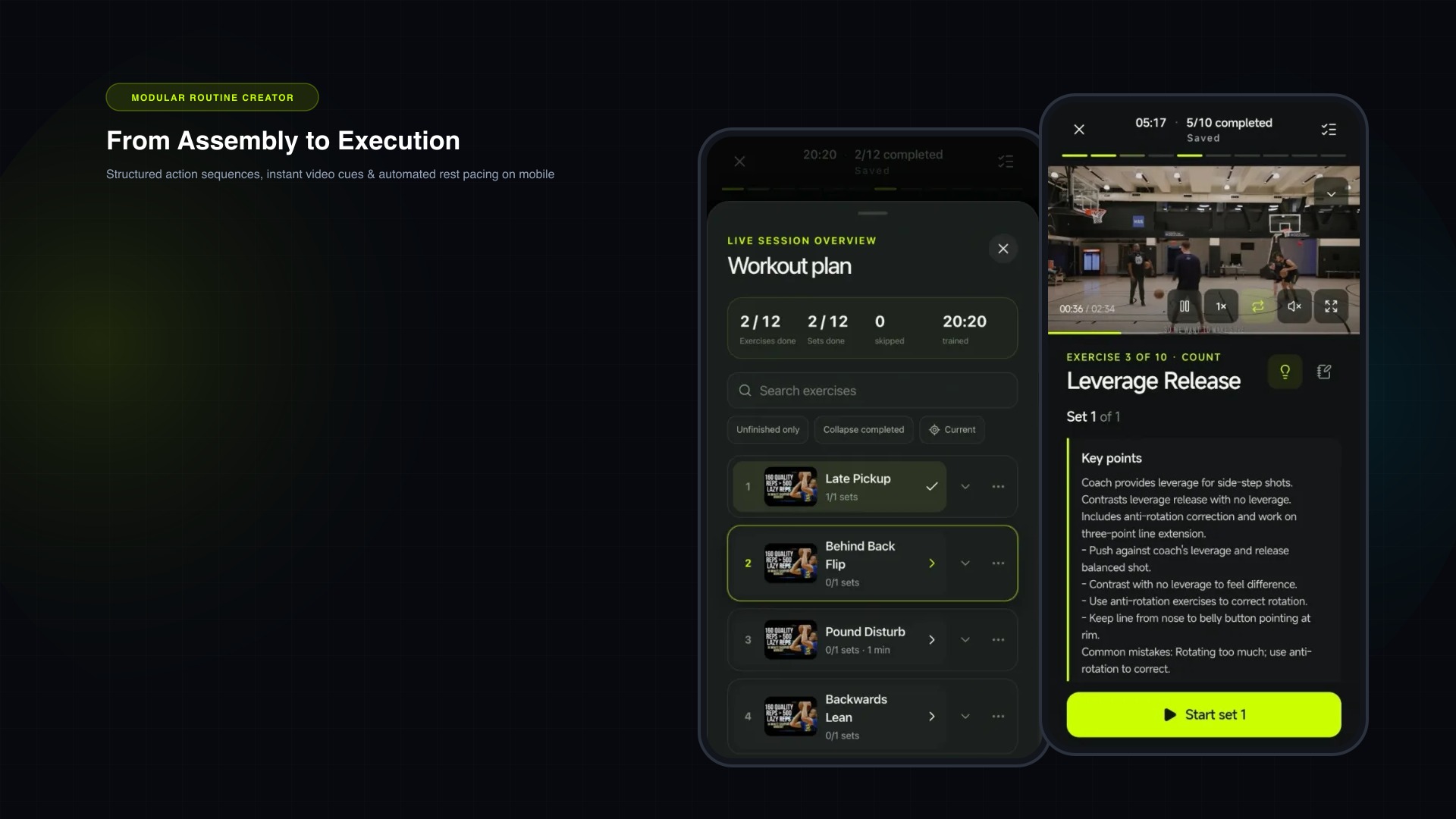TrainFlow mobile PWA executing a structured workout routine with live session overview and action clips