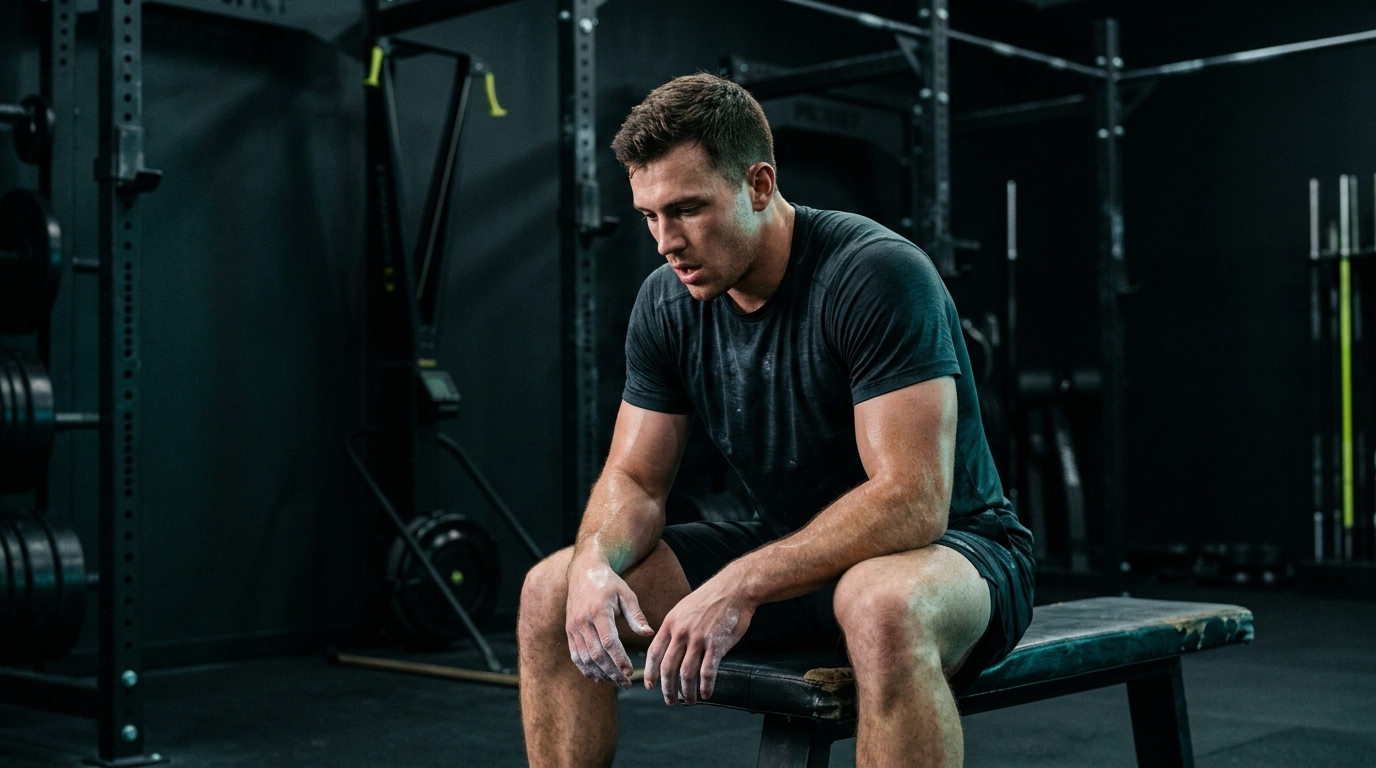 Athlete sitting on a gym bench with disciplined focus during a timed rest interval