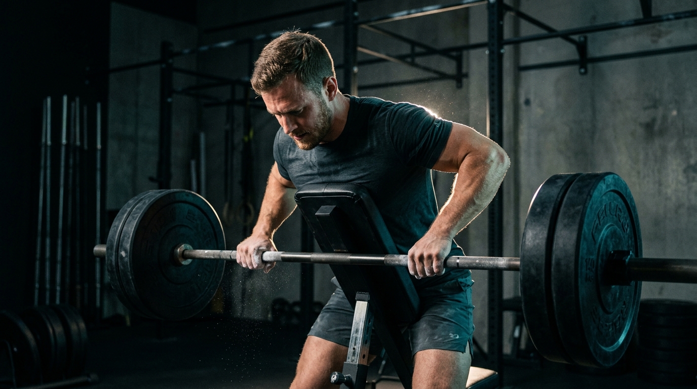 Athlete performing a chest-supported row with heavy barbell plates in a dark training studio