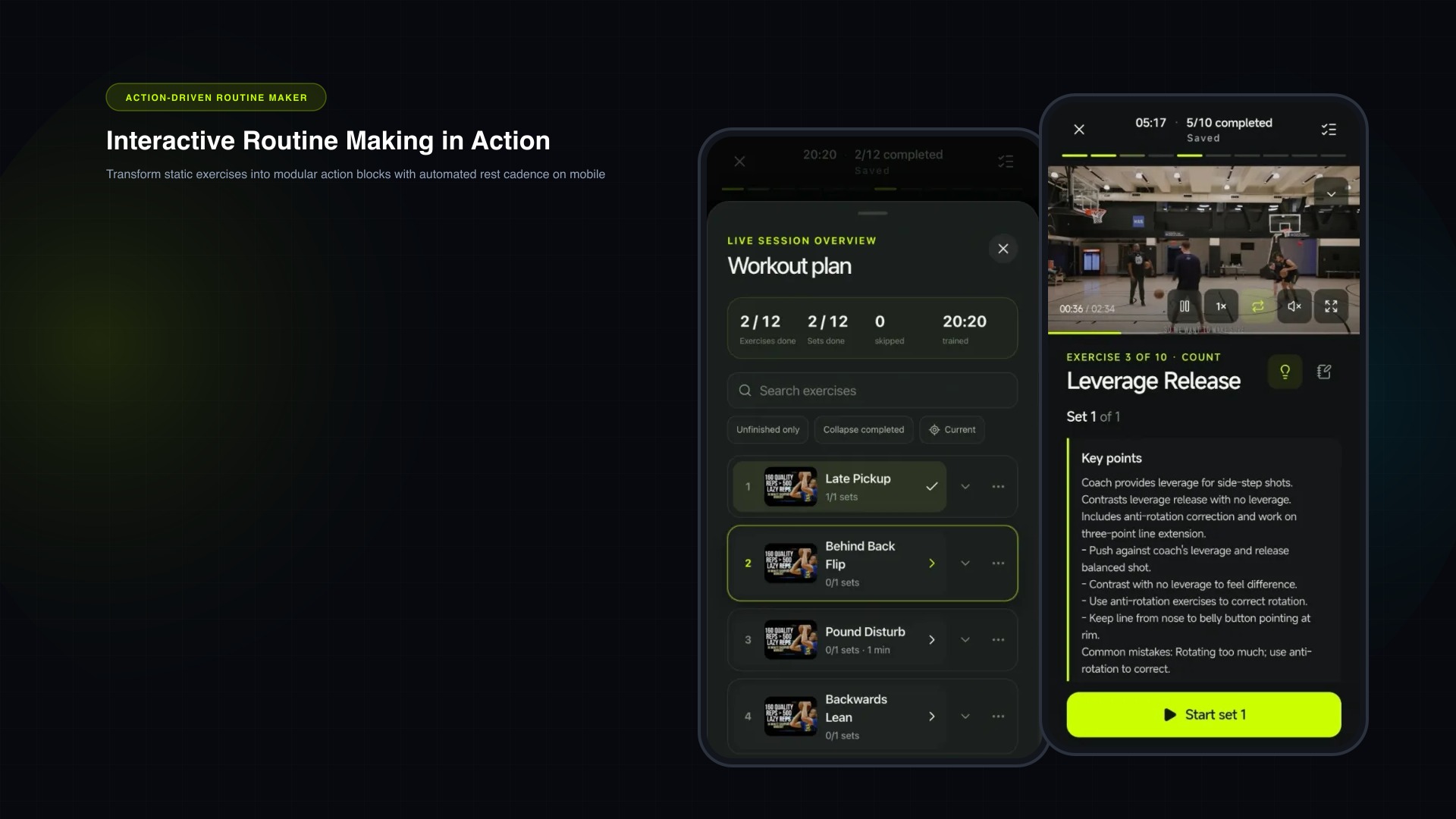 TrainFlow mobile PWA executing an interactive workout routine with live session overview and action clips