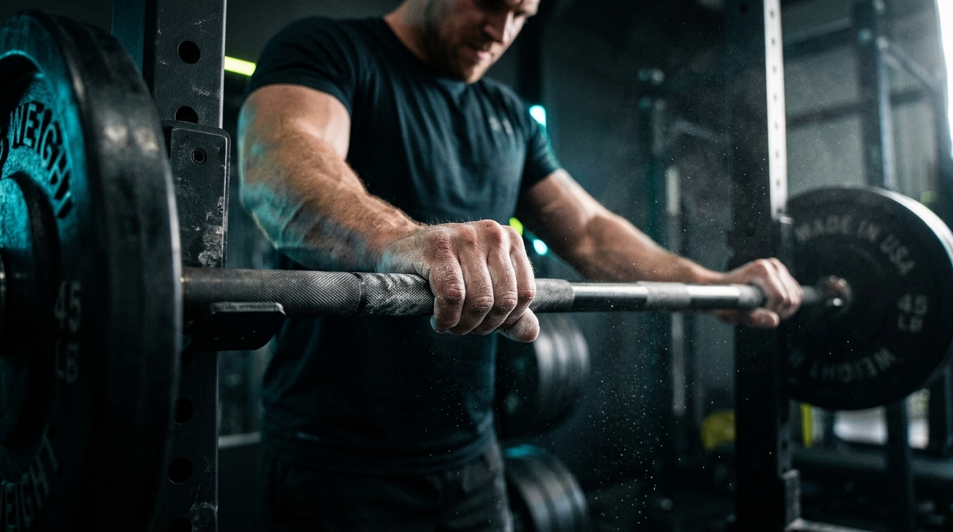 Athlete chalked hands gripping a heavy barbell on a power rack in a dark gym
