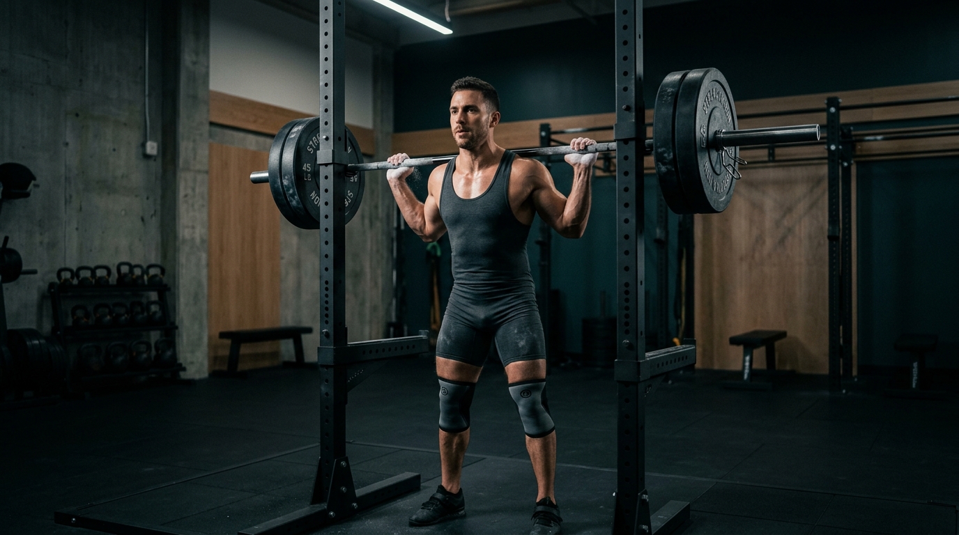 Athlete preparing for a heavy barbell squat compound movement prescribed in a structured workout template