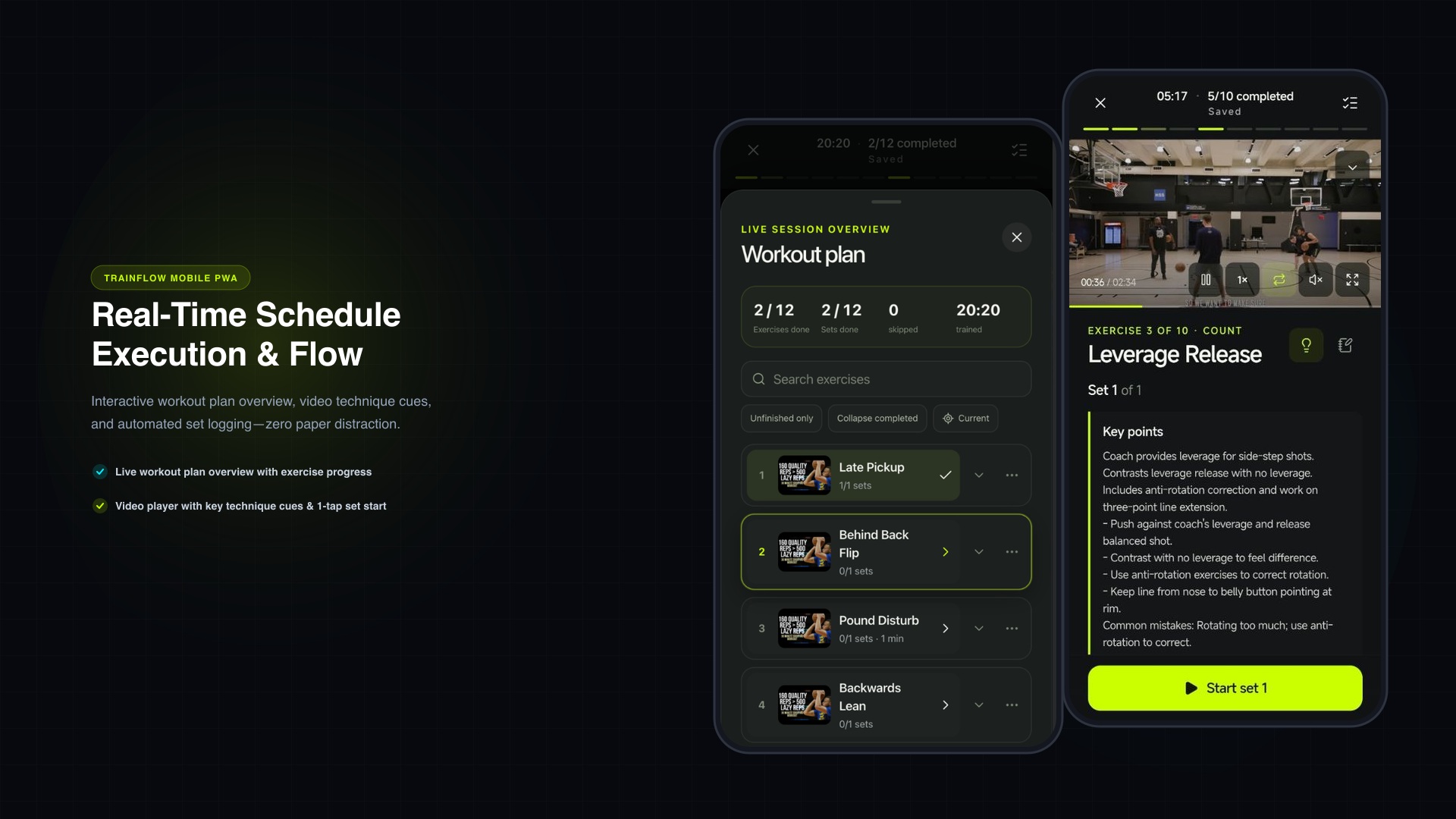 TrainFlow actual mobile PWA workout template interface showing live session overview and action video player with form cues