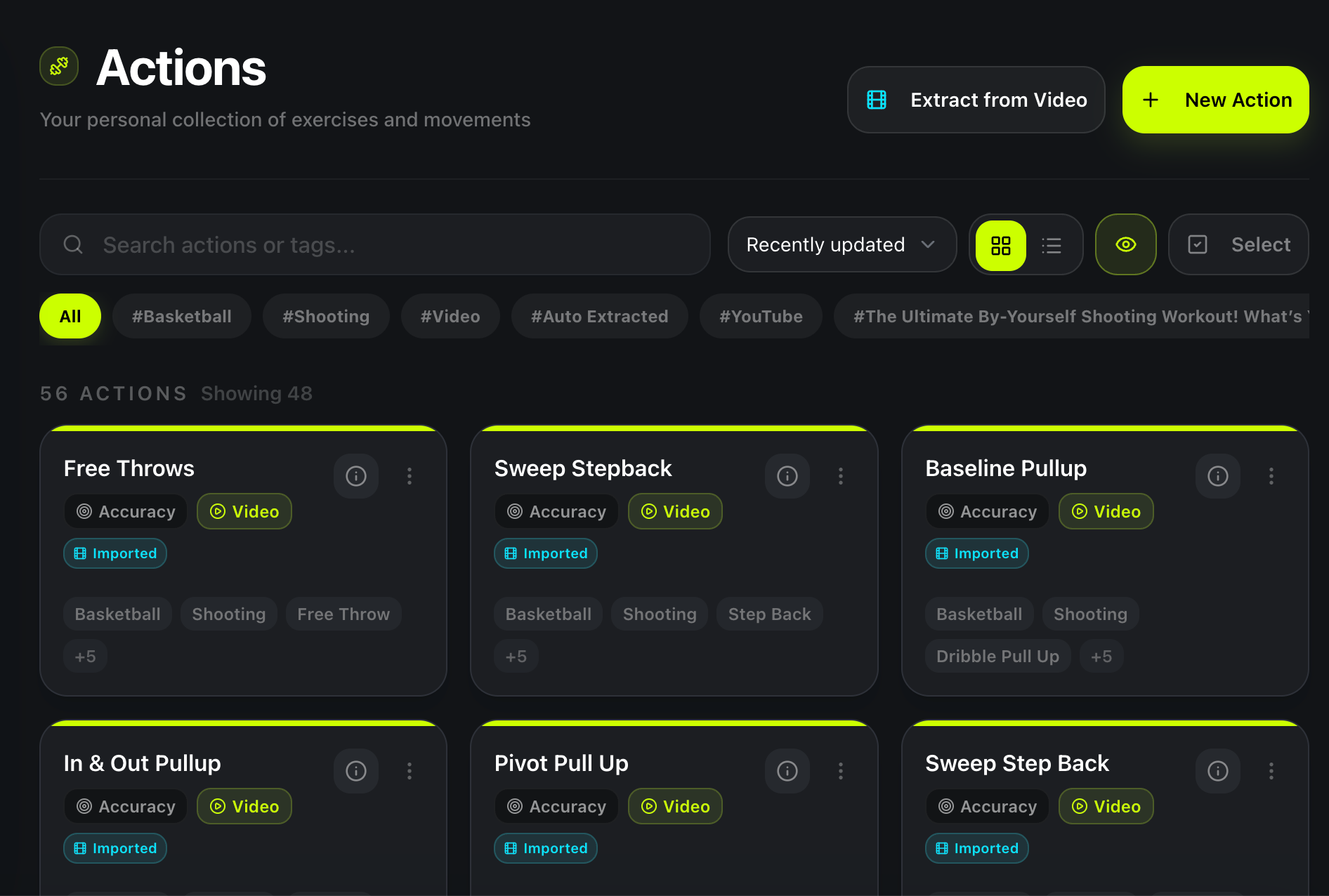 TrainFlow Reusable Action Library showing categorized exercise modules with video source tags